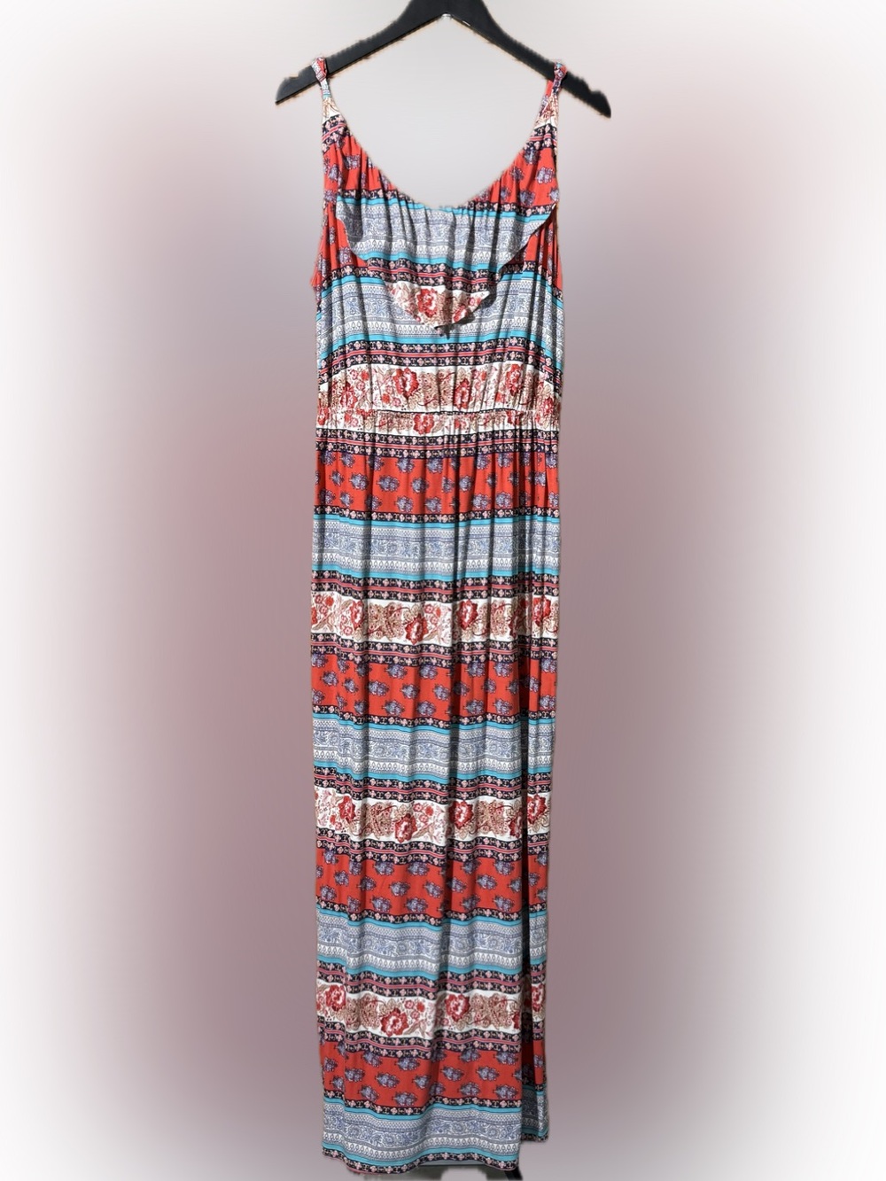 C Coral and Light Blue Striped Floral Maxi Dress